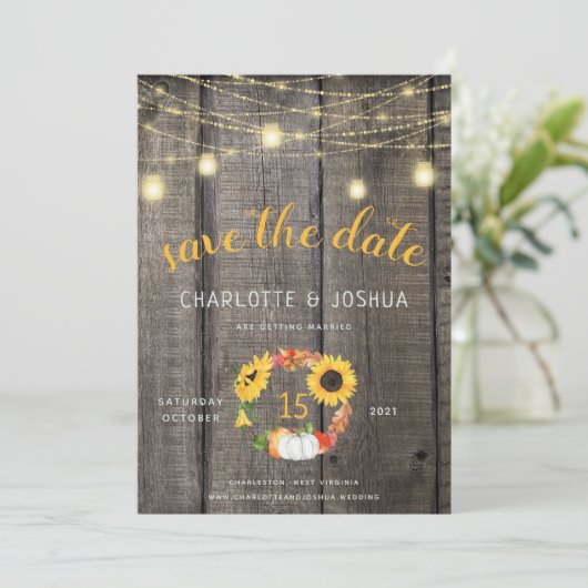 Rustige Herfst Floral Wreath Barnwood Save the Dat Kaart (Staand voorkant)