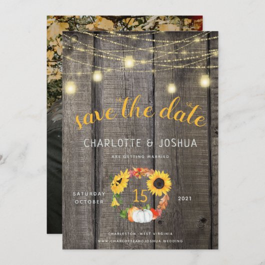 Rustige Herfst Floral Wreath Barnwood Save the Dat Kaart (Voorkant / Achterkant)