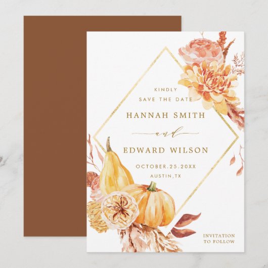 Rustige Herfst Gold Floral Oranje pompoenhuwelijk Save The Date (Voorkant / Achterkant)