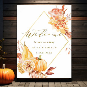 Rustige Herfst Gold Floral Pumpkin Weddenschap Wel Poster