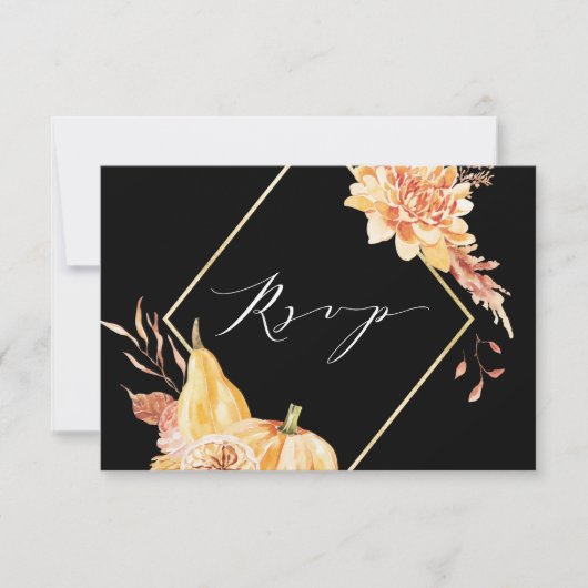Rustige Herfst Gold Floral Pumpkin Wedding Black RSVP Kaartje (Voorkant)
