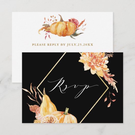 Rustige Herfst Gold Floral Pumpkin Wedding Black RSVP Kaartje (Voorkant / Achterkant)
