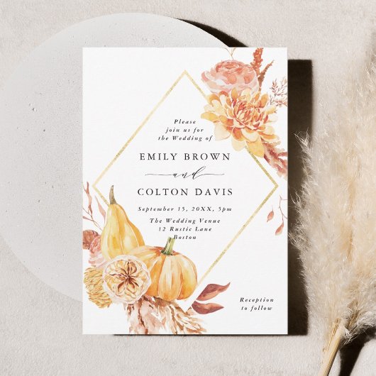 Rustige Herfst Gold Floral Pumpkin Wedding Kaart