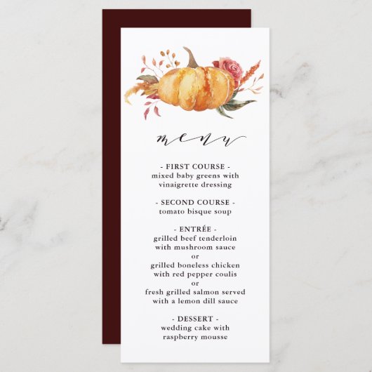 Rustige Herfst Gold Floral Pumpkin Wedding Menu (Voorkant / Achterkant)