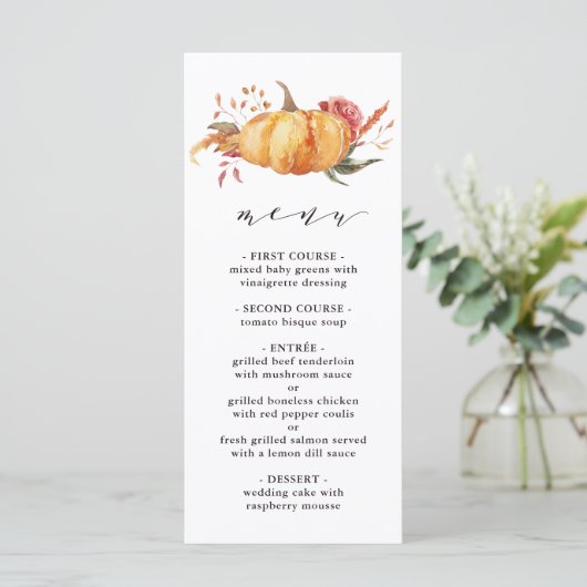 Rustige Herfst Gold Floral Pumpkin Wedding Menu (Staand voorkant)