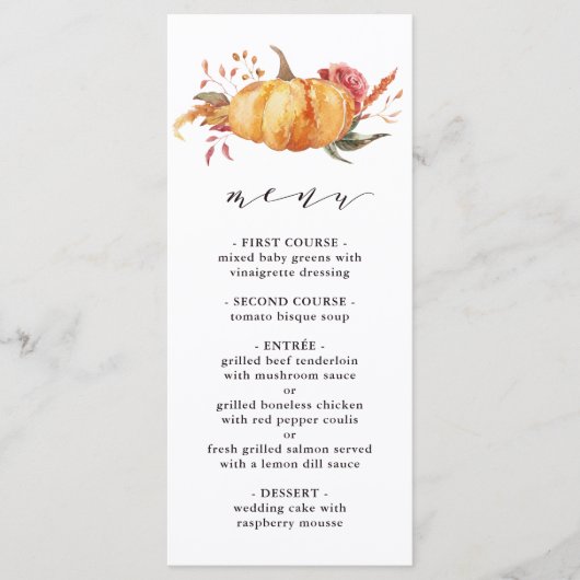 Rustige Herfst Gold Floral Pumpkin Wedding Menu (Voorkant)