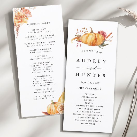 Rustige Herfst Gold Floral Pumpkin Wedding Programmakaart