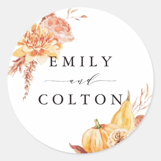 Rustige Herfst Gold Floral Pumpkin Wedding Ronde Sticker (Voorkant)
