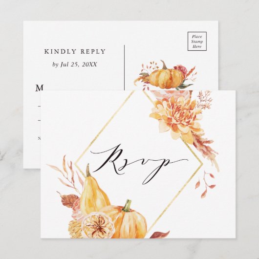 Rustige Herfst Gold Floral Pumpkin Wedding RSVP Briefkaart (Voorkant / Achterkant)