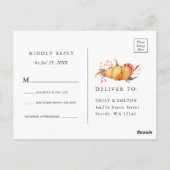 Rustige Herfst Gold Floral Pumpkin Wedding RSVP Briefkaart (Achterkant)
