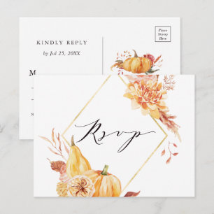 Rustige Herfst Gold Floral Pumpkin Wedding RSVP Briefkaart