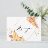 Rustige Herfst Gold Floral Pumpkin Wedding RSVP Kaartje (Staand voorkant)