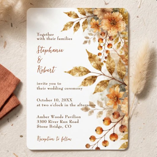 Rustige herfst gouden waterverf botanische bruilof kaart