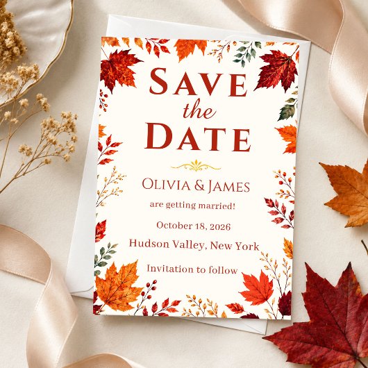 Rustige herfst ivoor & oranje bladeren save the date