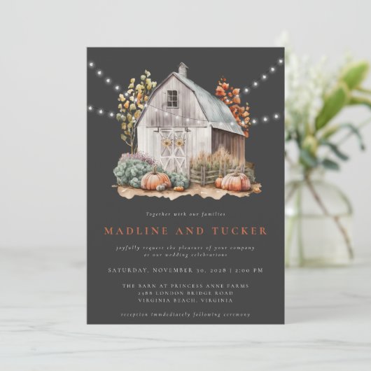 Rustige Herfst Land Barn String Lights Wedding Kaart (Staand voorkant)