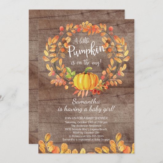 Rustige Herfst Little Pumpkin Baby shower Invitati Kaart (Voorkant / Achterkant)