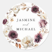 Rustige herfst Marsala bloemenkrans bruiloft Ronde Sticker (Voorkant)