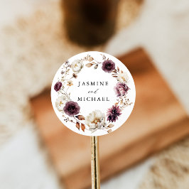 Rustige herfst Marsala bloemenkrans bruiloft Ronde Sticker