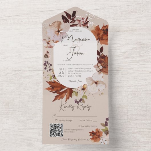Rustige Herfst Neutrale Wreatan QR-code All In One Uitnodiging (Binnen)