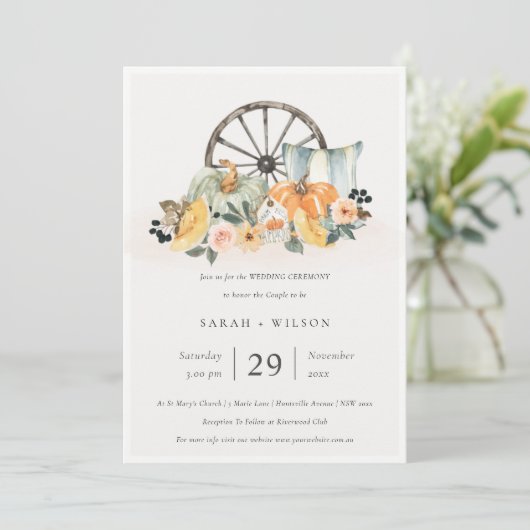 Rustige Herfst Pumpkin Leafy Floral Wedding Invite Bedankkaart (Staand voorkant)