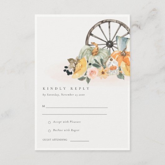 Rustige Herfst Pumpkin Leafy Floral Wedding RSVP Informatiekaartje (Voorkant)
