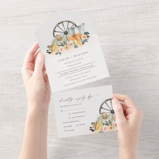 Rustige Herfst Pumpkin Leafy Floral Wheel Wedding All In One Uitnodiging (Afscheurbaar)