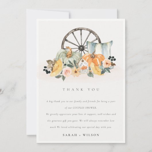 Rustige Herfst Pumpkin Leafy Floral Wheel Wedding Bedankkaart (Voorkant)