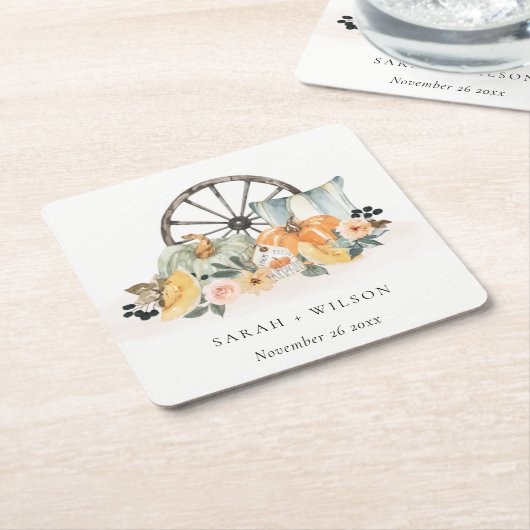 Rustige Herfst Pumpkin Leafy Floral Wheel Wedding Kartonnen Onderzetters (Schuin)