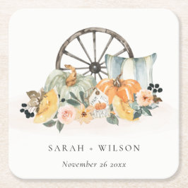 Rustige Herfst Pumpkin Leafy Floral Wheel Wedding Kartonnen Onderzetters