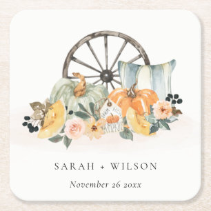 Rustige Herfst Pumpkin Leafy Floral Wheel Wedding Kartonnen Onderzetters