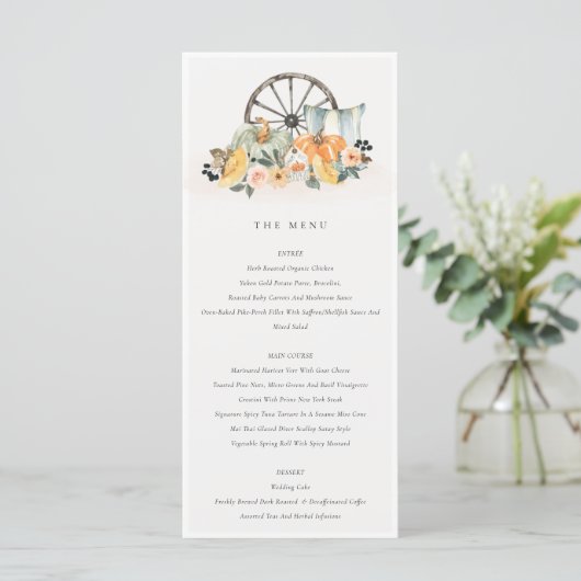 Rustige Herfst Pumpkin Leafy Floral Wheel Wedding Menu (Staand voorkant)