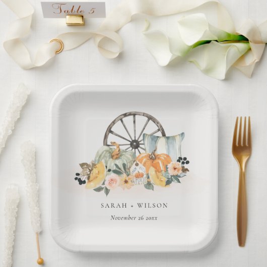 Rustige Herfst Pumpkin Leafy Floral Wheel Wedding Papieren Bordje (Huwelijk)