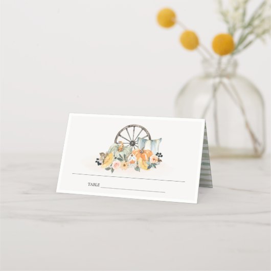 Rustige Herfst Pumpkin Leafy Floral Wheel Wedding Plaatskaartje (Achterkant)