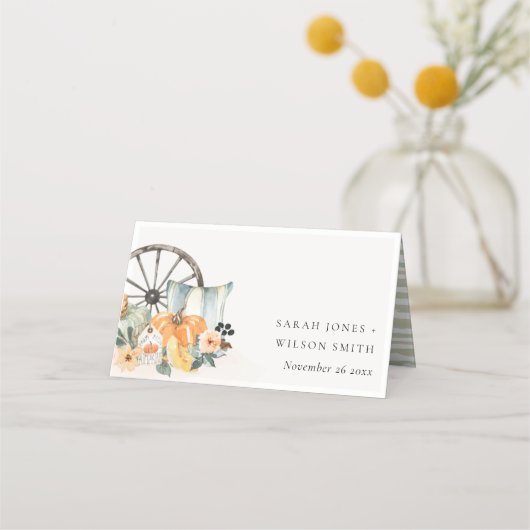 Rustige Herfst Pumpkin Leafy Floral Wheel Wedding Plaatskaartje (Voorkant)