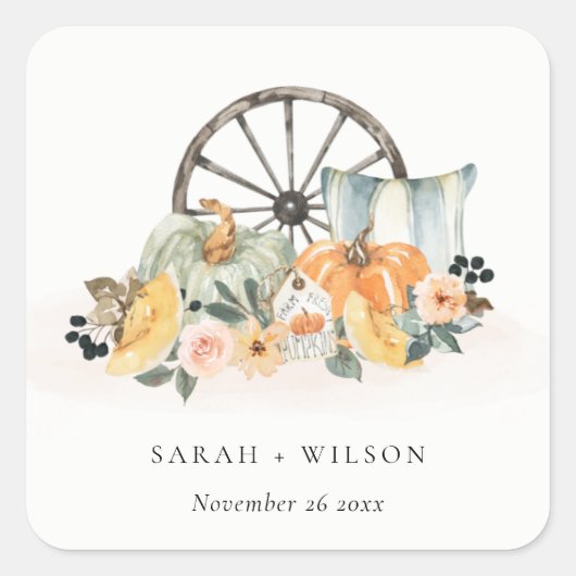 Rustige Herfst Pumpkin Leafy Floral Wheel Wedding Vierkante Sticker (Voorkant)