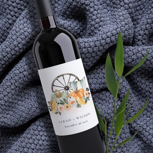 Rustige Herfst Pumpkin Leafy Floral Wheel Wedding Wijn Etiket