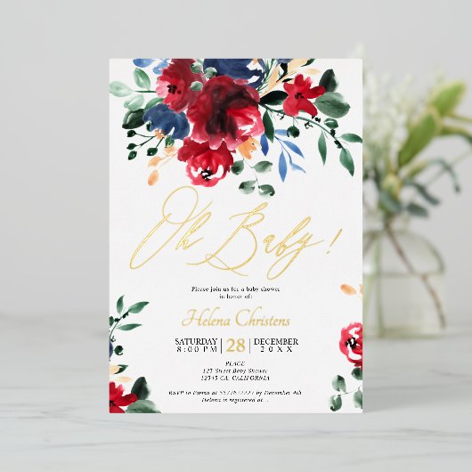 Rustige herfst rode marineflorale waterverf baby s folie uitnodiging (Staand Voorkant)