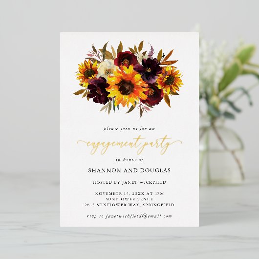 Rustige Herfst Rozen Sunflower Engagement Party Go Folie Uitnodiging (Staand Voorkant)