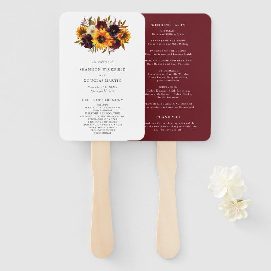 Rustige Herfst Rozen Sunflower Wedding Programme Handwaaier (Voorkant en achterkant)