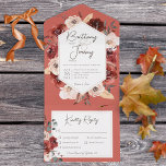 Rustige Herfst Rust Floral op Rust Dinner All In One Uitnodiging<br><div class="desc">OOK BESCHIKBAAR MET EEN QR-CODE OM IN HET RSVP-GEBIED TE SCAN. Dit ontwerp is voorzien van een roest en roomkleurig waterverf floral bouquet lijst op een zachte kleiachtergrond. De gepersonaliseerde alle-in-één uitnodigingen zijn een unieke combinatie van zowel een prachtig gedrukte douaneverzoeken met een gemakkelijk om geperforeerd briefkaart af te breken...</div>