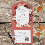 Rustige Herfst Rust Floral over de QR-code van Rus All In One Uitnodiging<br><div class="desc">BESCHIKBAAR MET OF ZONDER EEN QR-CODE OM IN HET RSVP-GEBIED TE SCAN. Dit ontwerp is voorzien van een roest en roomkleurig waterverf floral bouquet lijst op een zacht verbrand oranje kleiachtergrond. Voeg een code QR aan uw uitnodiging toe zodat de gasten tot uw trouwwebsite voor details, richtingen, menuopties, en meer...</div>