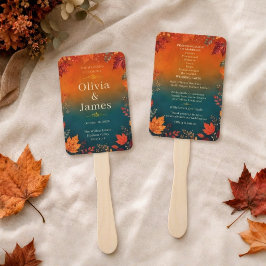 Rustige Herfst Teal en Oranje Bladeren Ceremonie Handwaaier