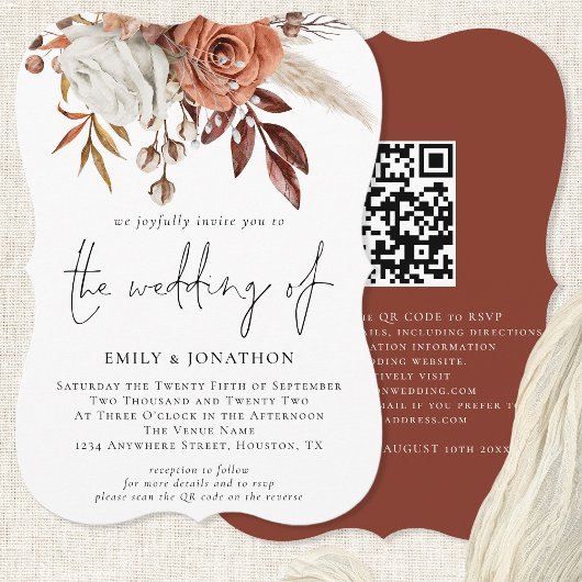 Rustige Herfst Terracotta Florals QR Code Wedding Kaart