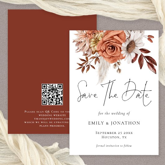 Rustige Herfst Terracotta Florals QR Code Wedding Save The Date