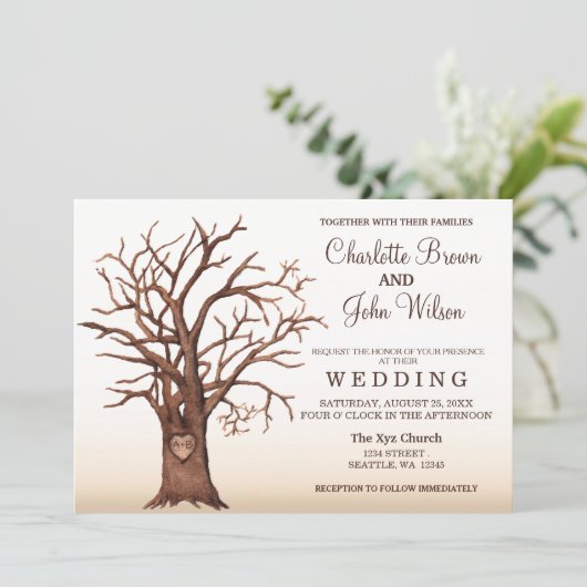 Rustige Herfst Tree Carved Initiaal Wedding Kaart (Staand voorkant)