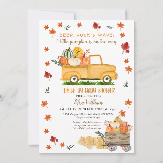 Rustige Herfst Vrachtwagen met pompoen per Baby sh Kaart (Voorkant)