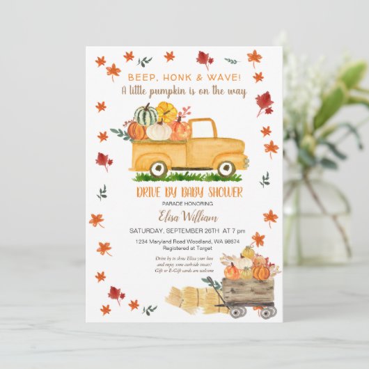 Rustige Herfst Vrachtwagen met pompoen per Baby sh Kaart (Staand voorkant)