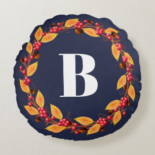 Rustige Herfst Wreath & Navy   Gepersonaliseerd Rond Kussen
