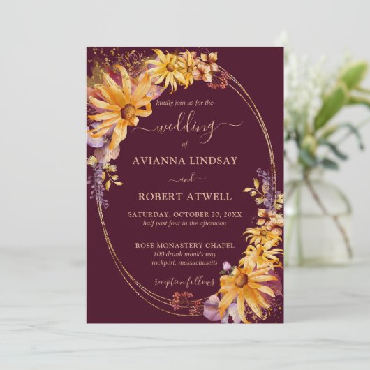 Rustige Herfst Zonnebloem Bourgogne Weddenschap Kaart (Staand voorkant)