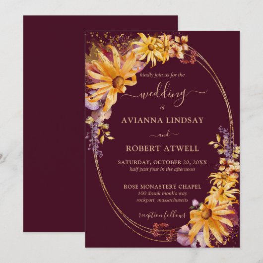 Rustige Herfst Zonnebloem Bourgogne Weddenschap Kaart (Voorkant / Achterkant)